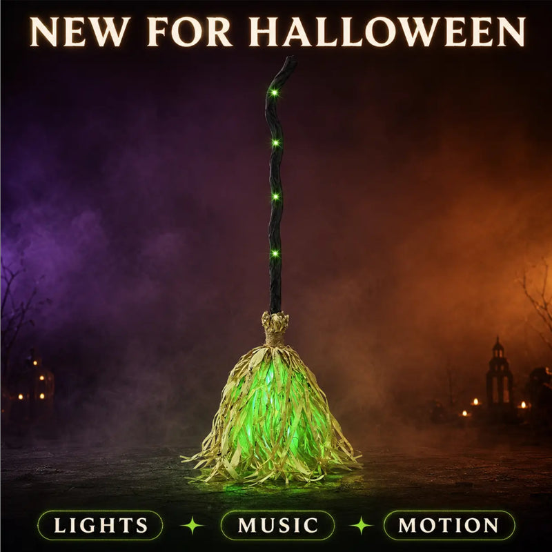 🧹 Animated Flying Witch Broom | Auto‑Moving Halloween Prop with Creepy Cackles, Green LED & Bendable Stem for Porch & Haunted House