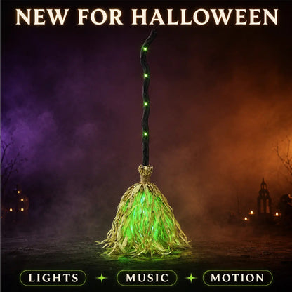 🧹 Animated Flying Witch Broom | Auto‑Moving Halloween Prop with Creepy Cackles, Green LED & Bendable Stem for Porch & Haunted House