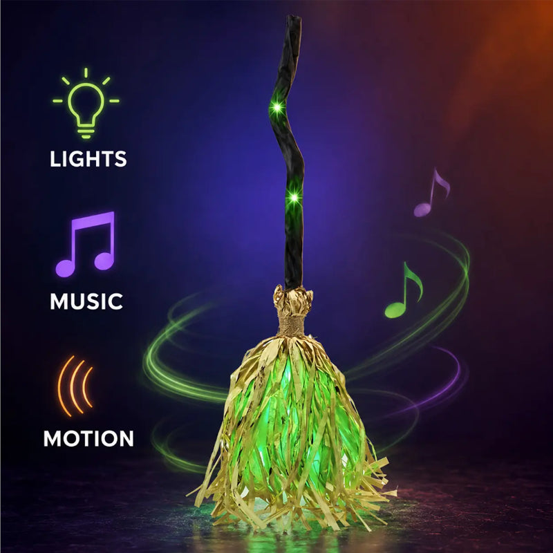 🧹 Animated Flying Witch Broom | Auto‑Moving Halloween Prop with Creepy Cackles, Green LED & Bendable Stem for Porch & Haunted House