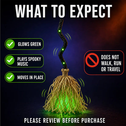 🧹 Animated Flying Witch Broom | Auto‑Moving Halloween Prop with Creepy Cackles, Green LED & Bendable Stem for Porch & Haunted House