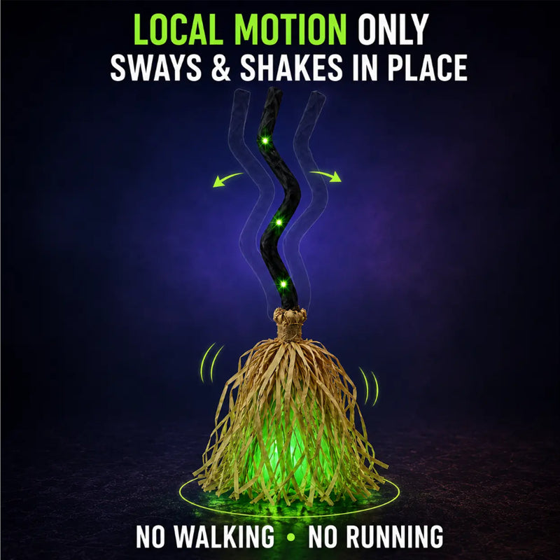 🧹 Animated Flying Witch Broom | Auto‑Moving Halloween Prop with Creepy Cackles, Green LED & Bendable Stem for Porch & Haunted House