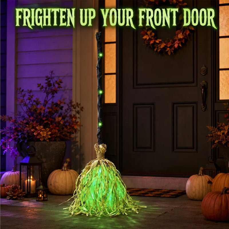 🧹 Animated Flying Witch Broom | Auto‑Moving Halloween Prop with Creepy Cackles, Green LED & Bendable Stem for Porch & Haunted House