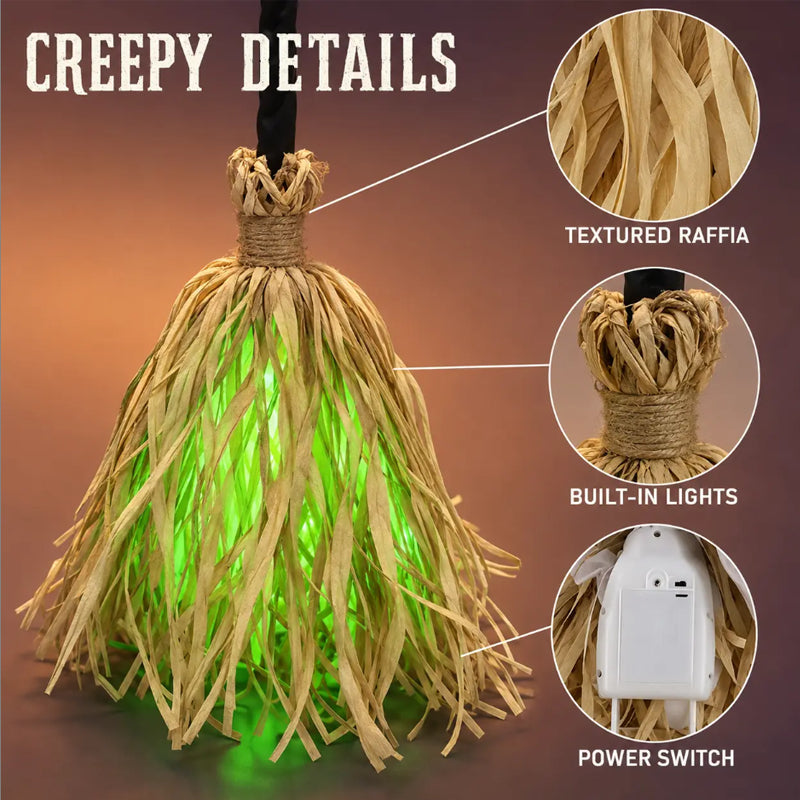🧹 Animated Flying Witch Broom | Auto‑Moving Halloween Prop with Creepy Cackles, Green LED & Bendable Stem for Porch & Haunted House