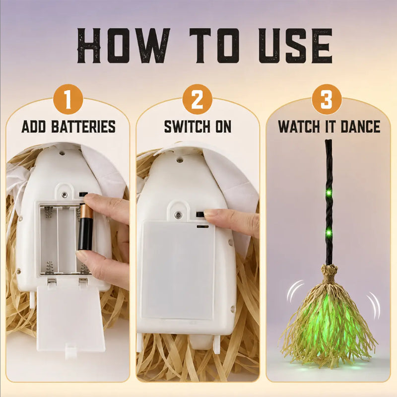 🧹 Animated Flying Witch Broom | Auto‑Moving Halloween Prop with Creepy Cackles, Green LED & Bendable Stem for Porch & Haunted House