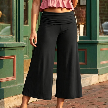 Women Summer Fold Over Wide Leg Capri Pants Low Rise Lounge Yoga Flare Culottes Y2k Soft Flowy Crop Palazzo Pants Beach
