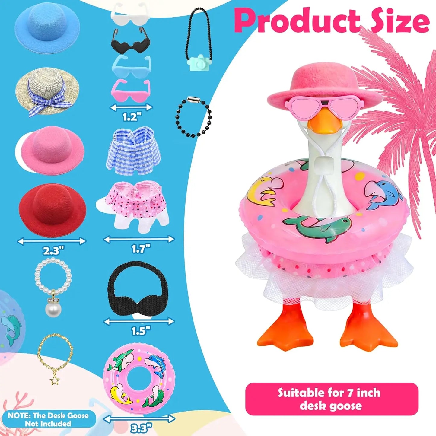 Desk Goose Outfits 7 Inches, 12 PCS Mini Desk Goose Clothes with Hats, Sunglasses, Bikini,Swimming Ring, Dresses for Magnetic Porch Goose Key Holder Decor & Office Gifts