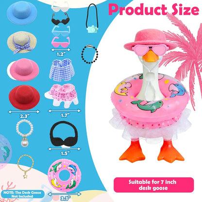 Desk Goose Outfits 7 Inches, 12 PCS Mini Desk Goose Clothes with Hats, Sunglasses, Bikini,Swimming Ring, Dresses for Magnetic Porch Goose Key Holder Decor & Office Gifts