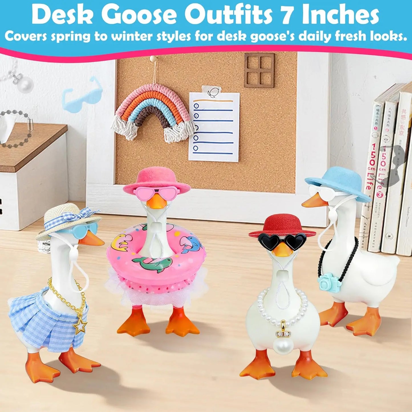 Desk Goose Outfits 7 Inches, 12 PCS Mini Desk Goose Clothes with Hats, Sunglasses, Bikini,Swimming Ring, Dresses for Magnetic Porch Goose Key Holder Decor & Office Gifts