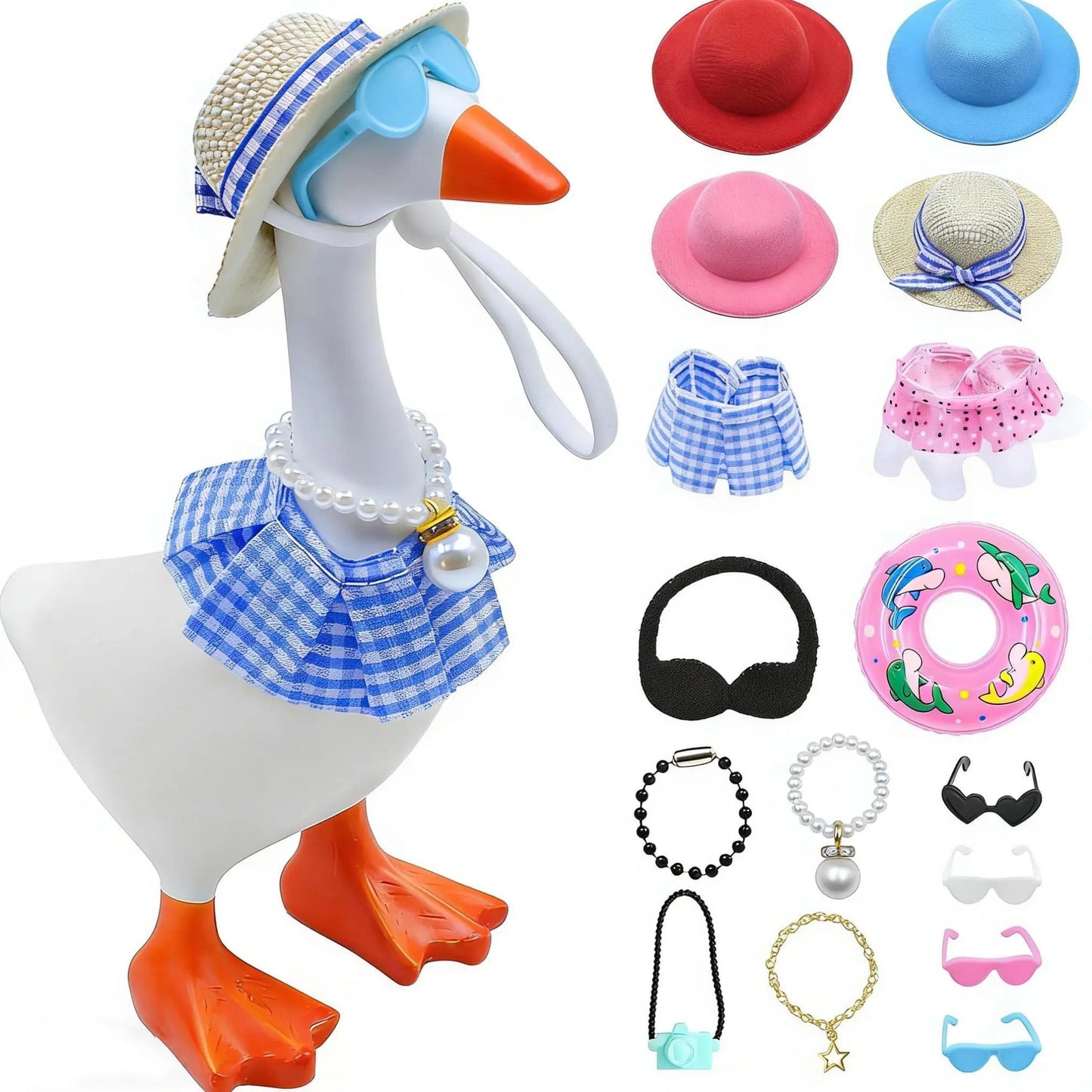 Desk Goose Outfits 7 Inches, 12 PCS Mini Desk Goose Clothes with Hats, Sunglasses, Bikini,Swimming Ring, Dresses for Magnetic Porch Goose Key Holder Decor & Office Gifts
