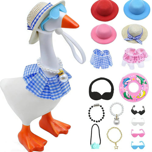 Desk Goose Outfits 7 Inches, 12 PCS Mini Desk Goose Clothes with Hats, Sunglasses, Bikini,Swimming Ring, Dresses for Magnetic Porch Goose Key Holder Decor & Office Gifts