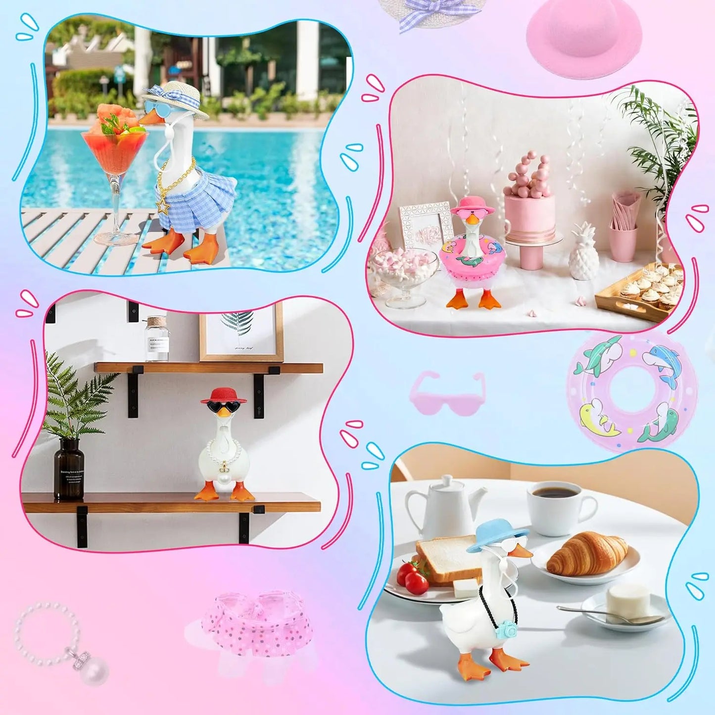 Desk Goose Outfits 7 Inches, 12 PCS Mini Desk Goose Clothes with Hats, Sunglasses, Bikini,Swimming Ring, Dresses for Magnetic Porch Goose Key Holder Decor & Office Gifts