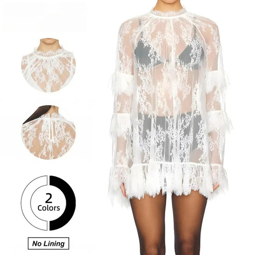 Women's Sheer Black Lace Mini Dress, See Through, Unlined Long Sleeve Crew Neck Elegant Cocktail Dress with Ruffled Hem, Concert, Party, Evening Wear, Summervibes, Fashion