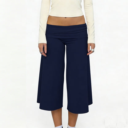 Women Summer Fold Over Wide Leg Capri Pants Low Rise Lounge Yoga Flare Culottes Y2k Soft Flowy Crop Palazzo Pants Beach