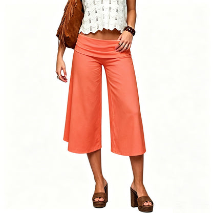 Women Summer Fold Over Wide Leg Capri Pants Low Rise Lounge Yoga Flare Culottes Y2k Soft Flowy Crop Palazzo Pants Beach