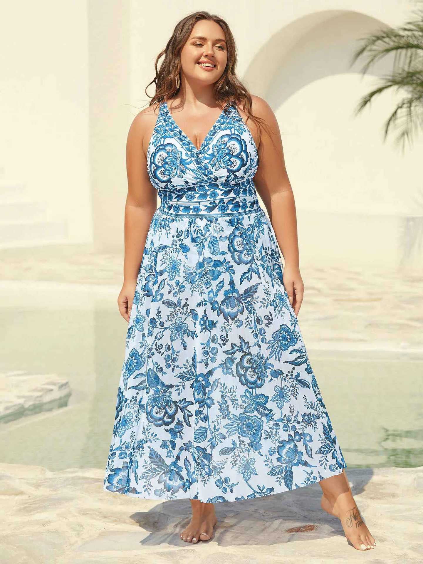 Womens Plus Size Two-Piece Swimsuit [M-6X] Floral Mesh Overlay Tummy Control Swimsuit with Skirt, Elegant Flattering Beach,Spotlight,Summer wins,Deals for you days,summeroutfits,vacationoutfits,bathingsuit,womenset,beachoutfits