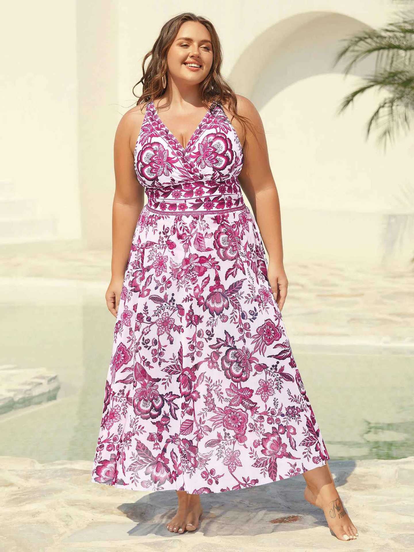 Womens Plus Size Two-Piece Swimsuit [M-6X] Floral Mesh Overlay Tummy Control Swimsuit with Skirt, Elegant Flattering Beach,Spotlight,Summer wins,Deals for you days,summeroutfits,vacationoutfits,bathingsuit,womenset,beachoutfits
