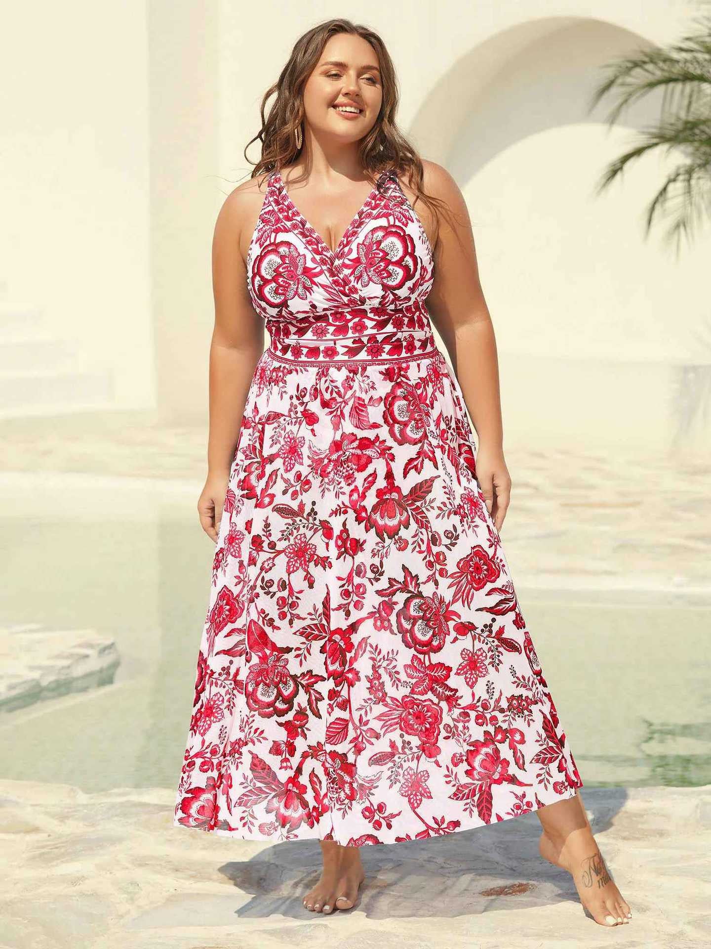 Womens Plus Size Two-Piece Swimsuit [M-6X] Floral Mesh Overlay Tummy Control Swimsuit with Skirt, Elegant Flattering Beach,Spotlight,Summer wins,Deals for you days,summeroutfits,vacationoutfits,bathingsuit,womenset,beachoutfits