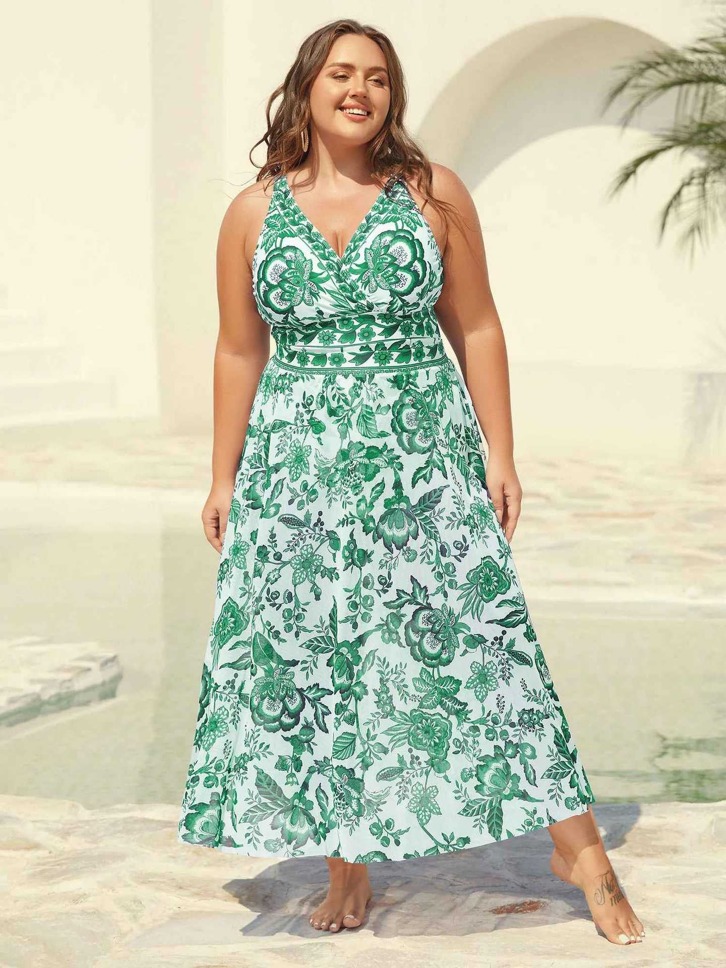 Womens Plus Size Two-Piece Swimsuit [M-6X] Floral Mesh Overlay Tummy Control Swimsuit with Skirt, Elegant Flattering Beach,Spotlight,Summer wins,Deals for you days,summeroutfits,vacationoutfits,bathingsuit,womenset,beachoutfits