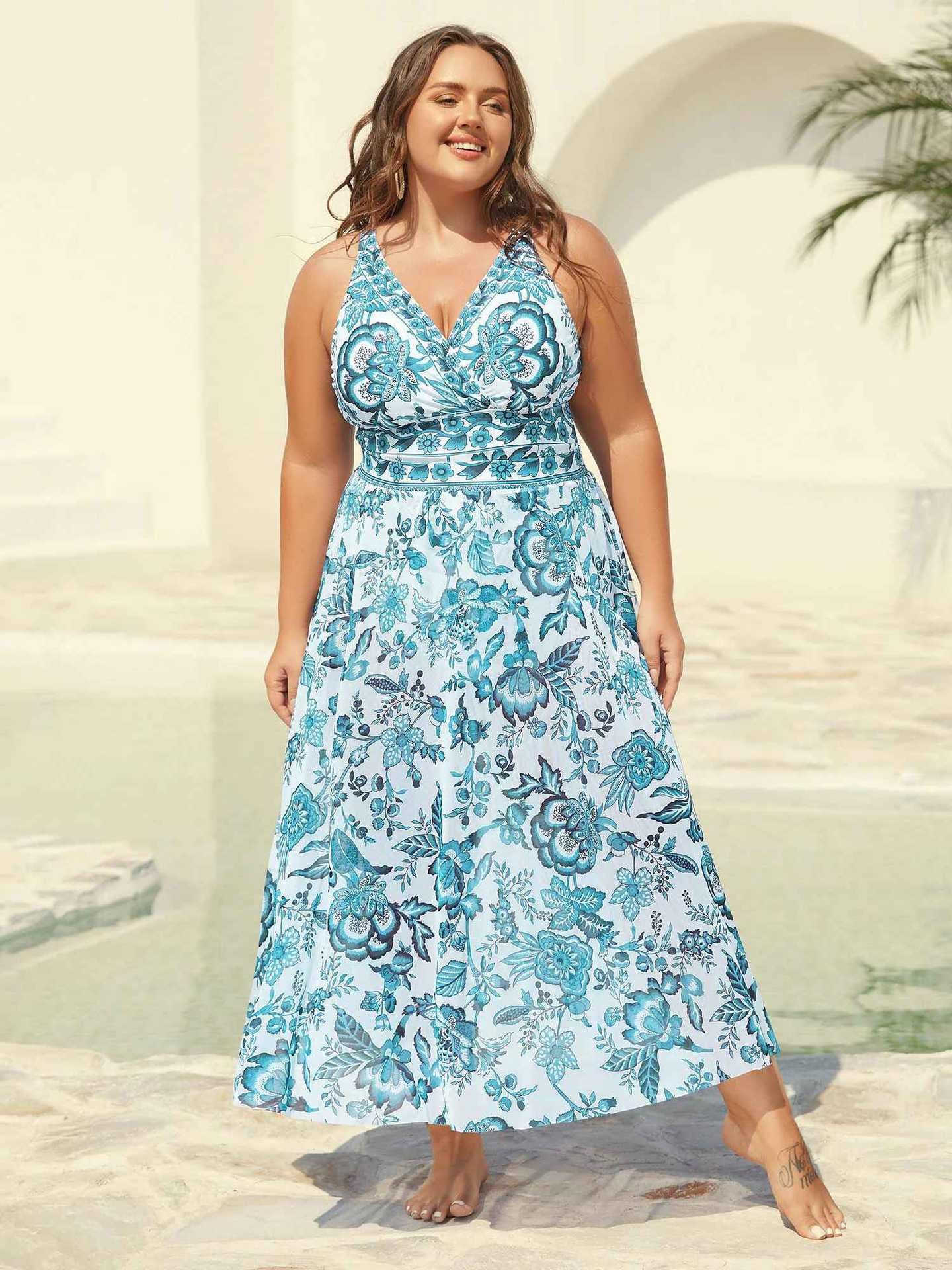 Womens Plus Size Two-Piece Swimsuit [M-6X] Floral Mesh Overlay Tummy Control Swimsuit with Skirt, Elegant Flattering Beach,Spotlight,Summer wins,Deals for you days,summeroutfits,vacationoutfits,bathingsuit,womenset,beachoutfits
