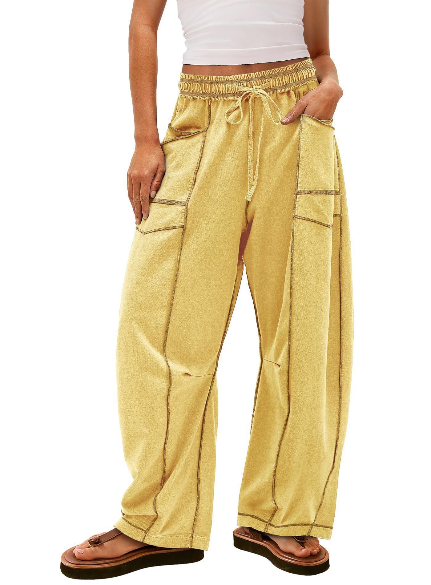 Womens Baggy Barrel Wide Leg Yoga Lounge Pants Drawstring Waist Pockets Athleisure Style Casual Sweatpants Comfortable Loose Fit Bottoms for Women Summer Casual Wear,back to school shopping
