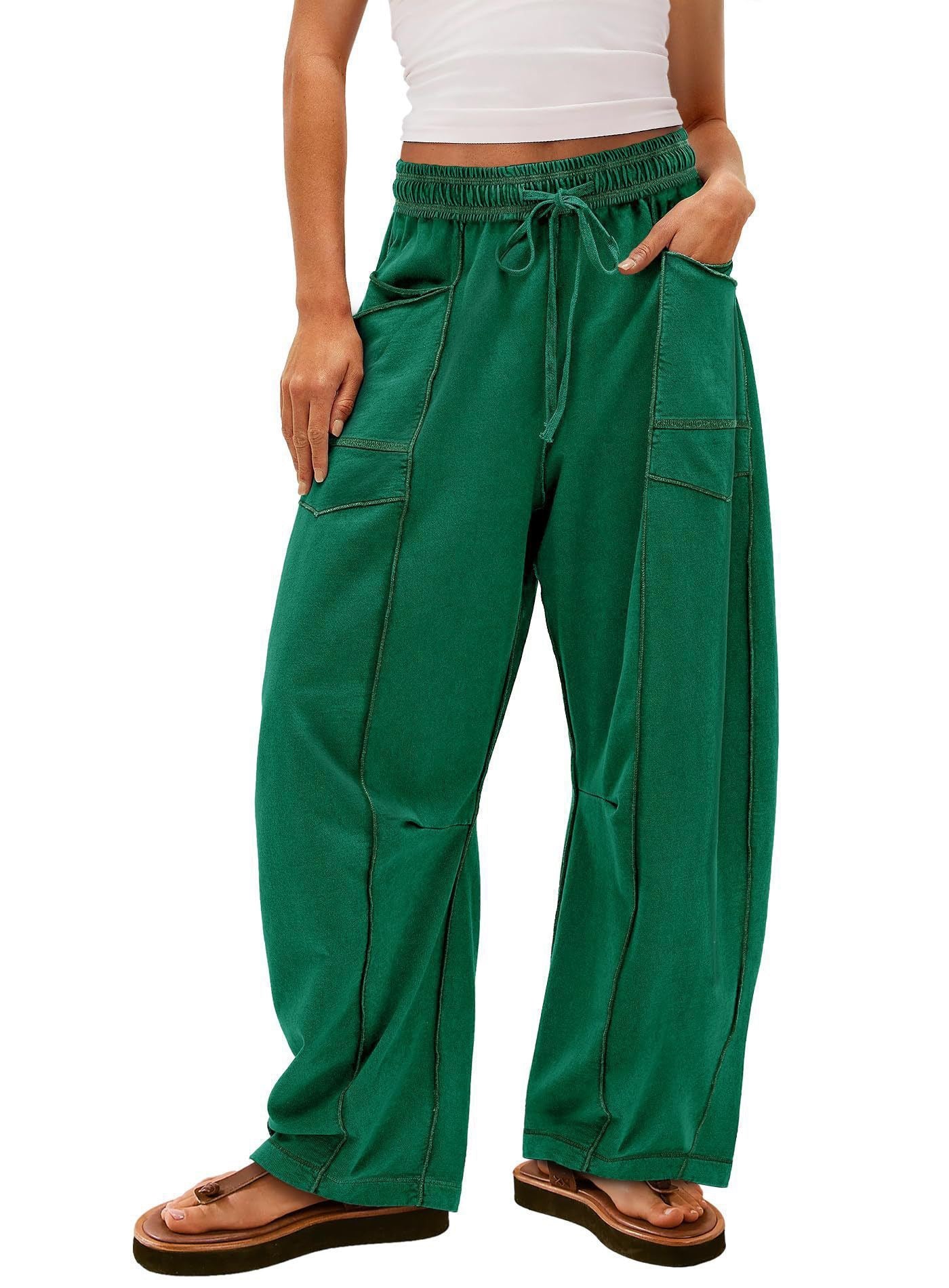 Womens Baggy Barrel Wide Leg Yoga Lounge Pants Drawstring Waist Pockets Athleisure Style Casual Sweatpants Comfortable Loose Fit Bottoms for Women Summer Casual Wear,back to school shopping