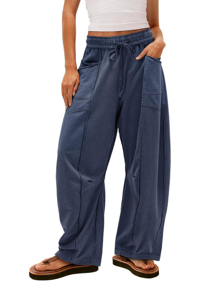 Womens Baggy Barrel Wide Leg Yoga Lounge Pants Drawstring Waist Pockets Athleisure Style Casual Sweatpants Comfortable Loose Fit Bottoms for Women Summer Casual Wear,back to school shopping