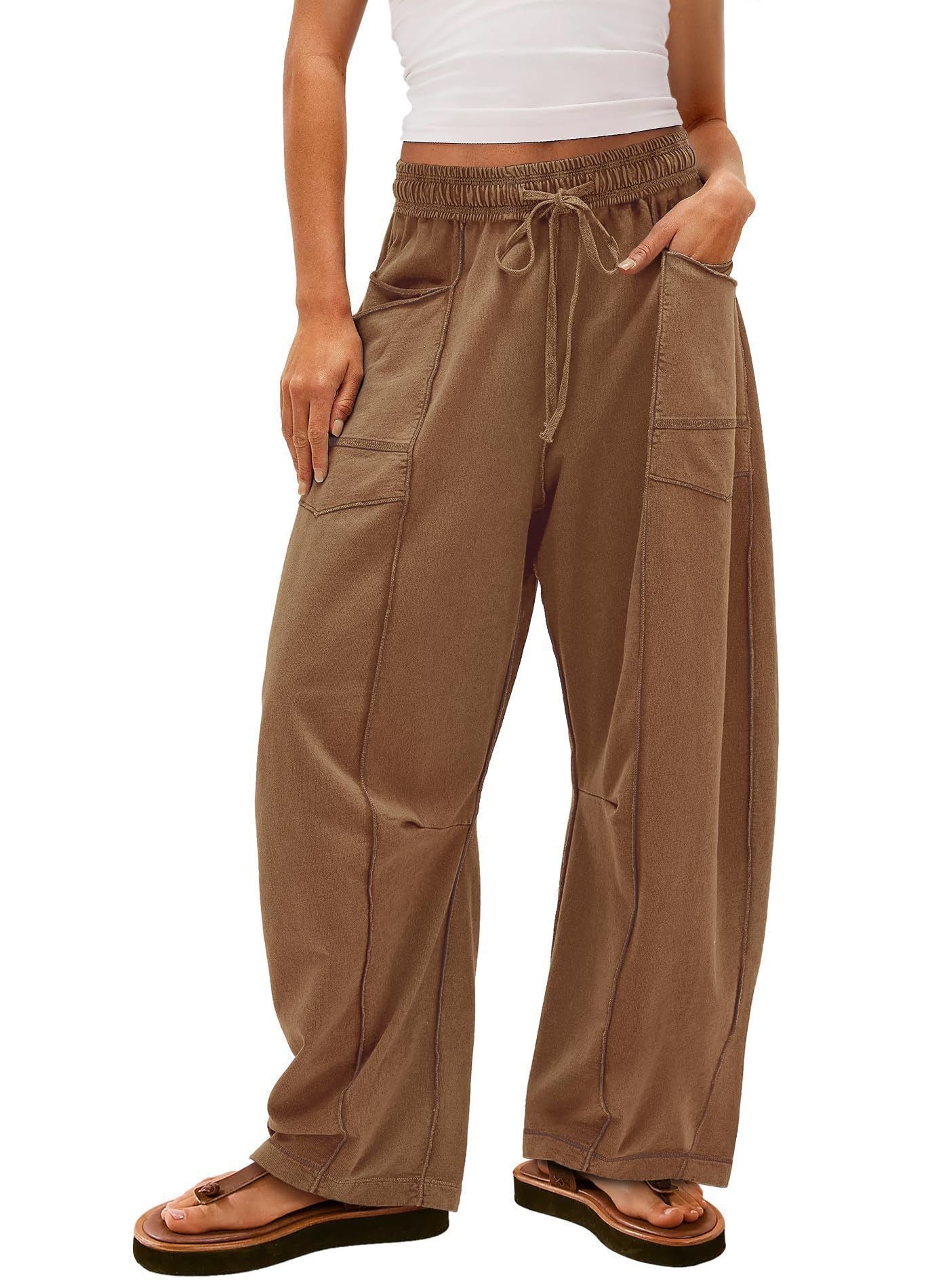 Womens Baggy Barrel Wide Leg Yoga Lounge Pants Drawstring Waist Pockets Athleisure Style Casual Sweatpants Comfortable Loose Fit Bottoms for Women Summer Casual Wear,back to school shopping