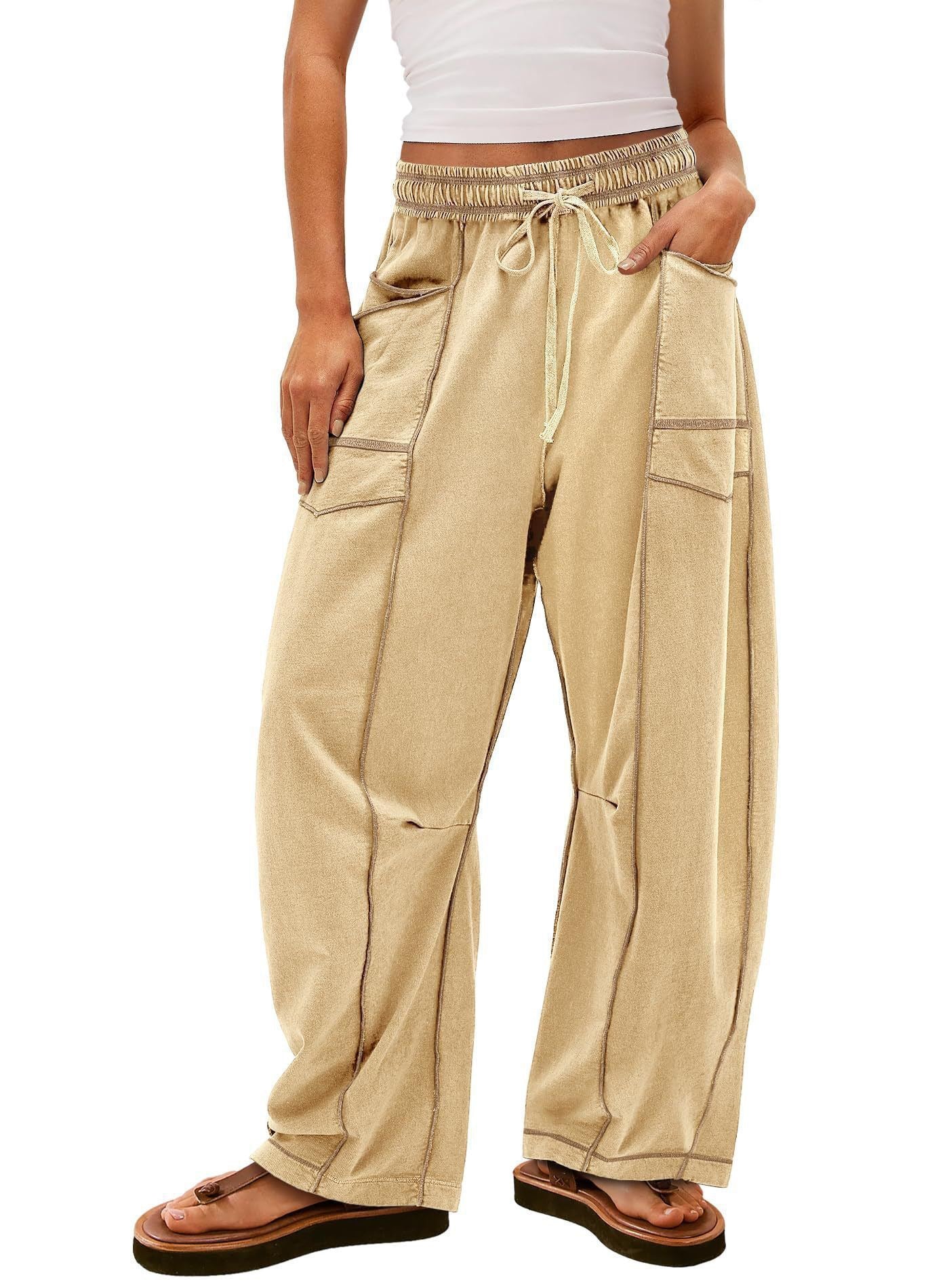 Womens Baggy Barrel Wide Leg Yoga Lounge Pants Drawstring Waist Pockets Athleisure Style Casual Sweatpants Comfortable Loose Fit Bottoms for Women Summer Casual Wear,back to school shopping