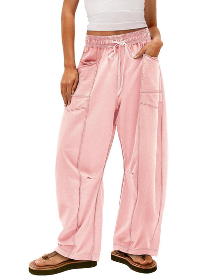 Womens Baggy Barrel Wide Leg Yoga Lounge Pants Drawstring Waist Pockets Athleisure Style Casual Sweatpants Comfortable Loose Fit Bottoms for Women Summer Casual Wear,back to school shopping