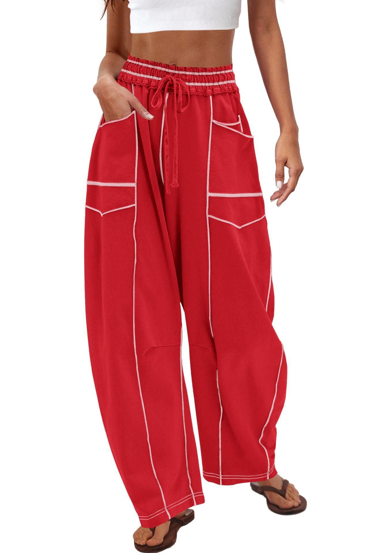 Womens Baggy Barrel Wide Leg Yoga Lounge Pants Drawstring Waist Pockets Athleisure Style Casual Sweatpants Comfortable Loose Fit Bottoms for Women Summer Casual Wear,back to school shopping