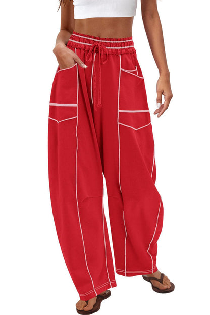 Womens Baggy Barrel Wide Leg Yoga Lounge Pants Drawstring Waist Pockets Athleisure Style Casual Sweatpants Comfortable Loose Fit Bottoms for Women Summer Casual Wear,back to school shopping