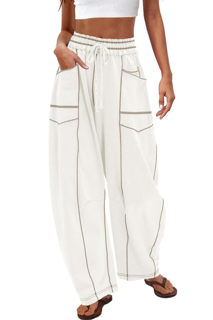 Womens Baggy Barrel Wide Leg Yoga Lounge Pants Drawstring Waist Pockets Athleisure Style Casual Sweatpants Comfortable Loose Fit Bottoms for Women Summer Casual Wear,back to school shopping