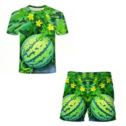 Funny Men's Watermelon Graphic T‑Shirt, Fruit Print Summer Tee, Casual Shorts 2‑Piece Outfit Set