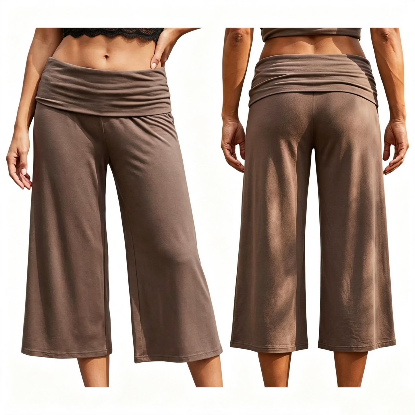 Women Summer Fold Over Wide Leg Capri Pants Low Rise Lounge Yoga Flare Culottes Y2k Soft Flowy Crop Palazzo Pants Beach
