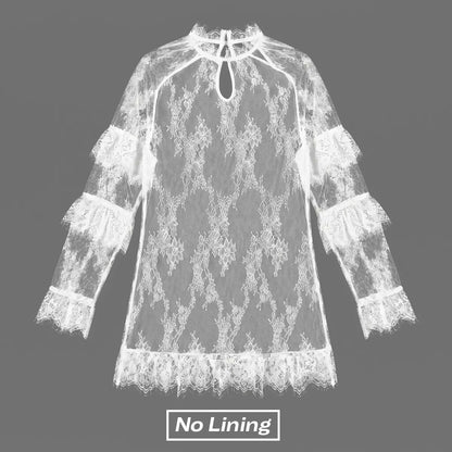 Women's Sheer Black Lace Mini Dress, See Through, Unlined Long Sleeve Crew Neck Elegant Cocktail Dress with Ruffled Hem, Concert, Party, Evening Wear, Summervibes, Fashion