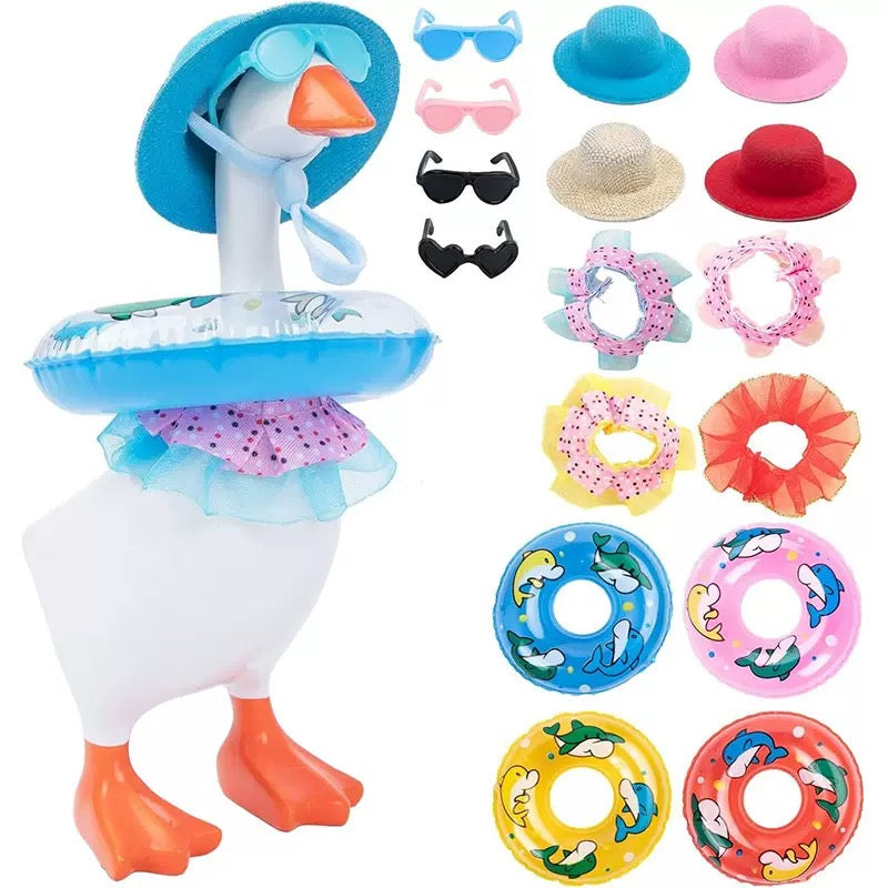 Desk Goose Outfits 7 Inches, 12 PCS Mini Desk Goose Clothes with Hats, Sunglasses, Bikini,Swimming Ring, Dresses for Magnetic Porch Goose Key Holder Decor & Office Gifts