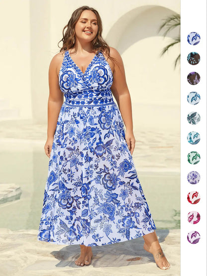 Womens Plus Size Two-Piece Swimsuit [M-6X] Floral Mesh Overlay Tummy Control Swimsuit with Skirt, Elegant Flattering Beach,Spotlight,Summer wins,Deals for you days,summeroutfits,vacationoutfits,bathingsuit,womenset,beachoutfits