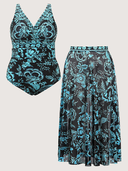 Womens Plus Size Two-Piece Swimsuit [M-6X] Floral Mesh Overlay Tummy Control Swimsuit with Skirt, Elegant Flattering Beach,Spotlight,Summer wins,Deals for you days,summeroutfits,vacationoutfits,bathingsuit,womenset,beachoutfits