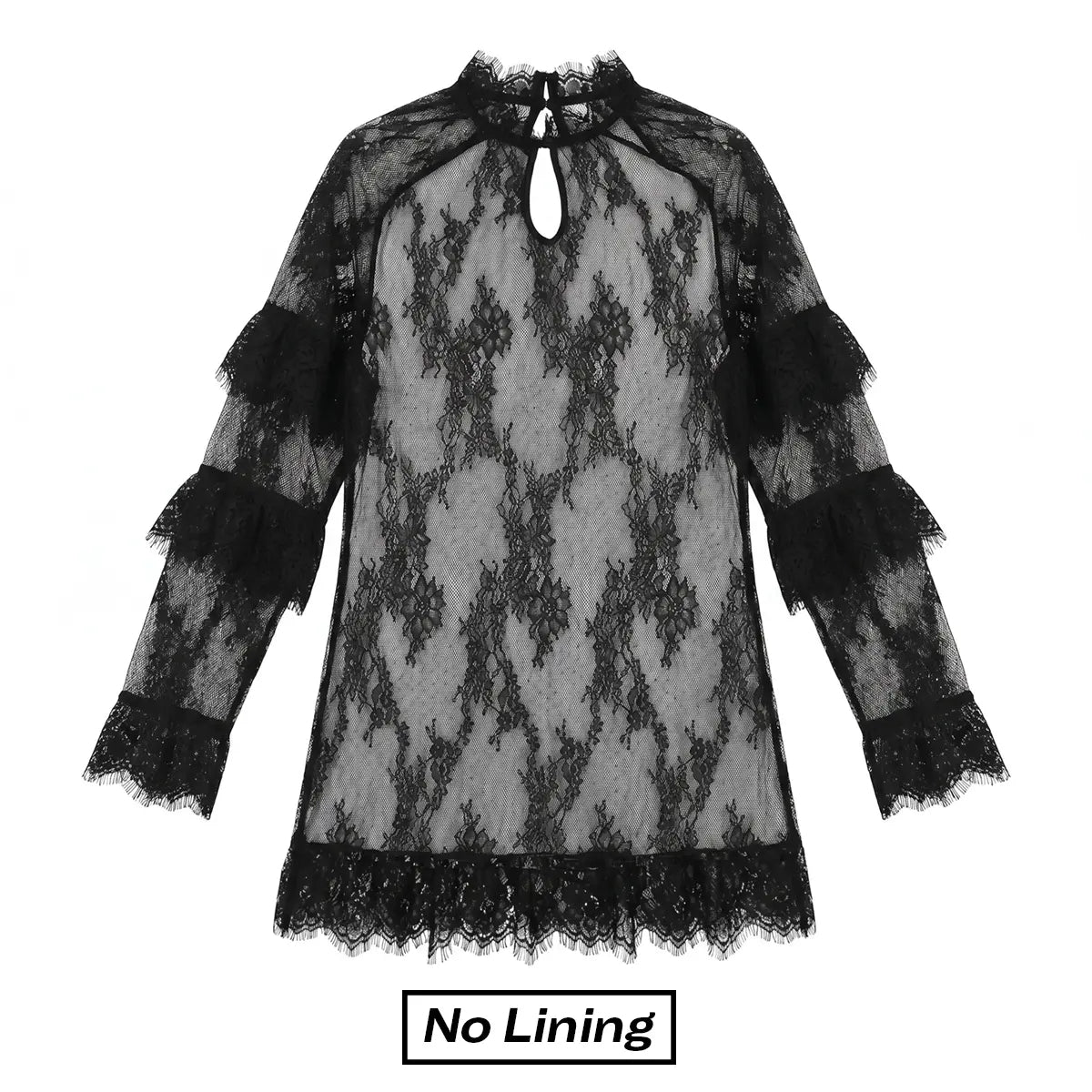 Women's Sheer Black Lace Mini Dress, See Through, Unlined Long Sleeve Crew Neck Elegant Cocktail Dress with Ruffled Hem, Concert, Party, Evening Wear, Summervibes, Fashion
