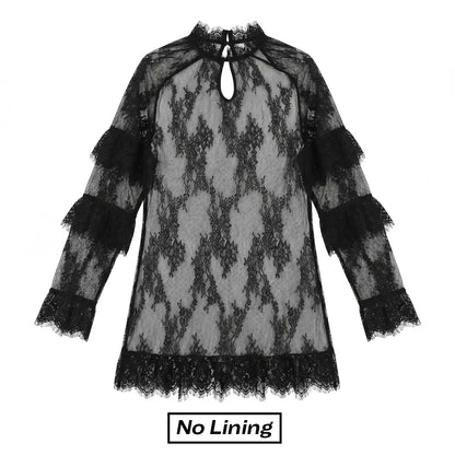 Women's Sheer Black Lace Mini Dress, See Through, Unlined Long Sleeve Crew Neck Elegant Cocktail Dress with Ruffled Hem, Concert, Party, Evening Wear, Summervibes, Fashion