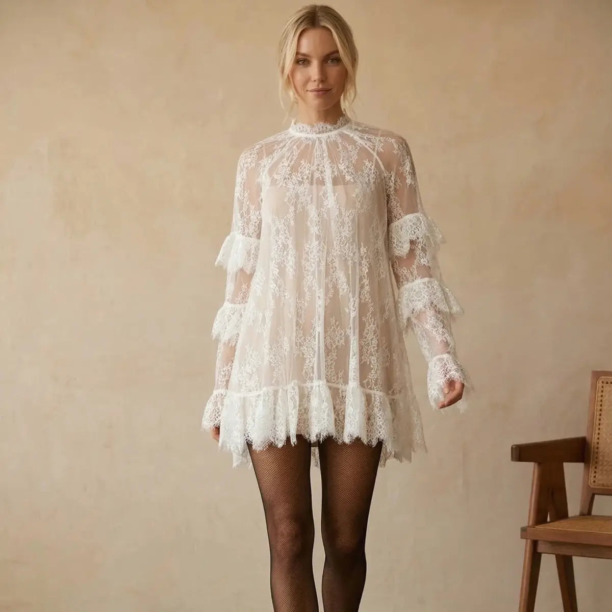 Women's Sheer Black Lace Mini Dress, See Through, Unlined Long Sleeve Crew Neck Elegant Cocktail Dress with Ruffled Hem, Concert, Party, Evening Wear, Summervibes, Fashion