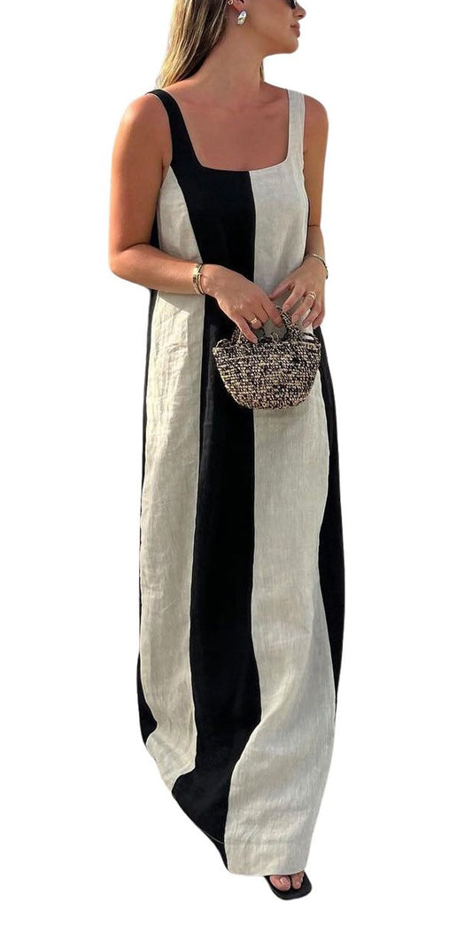 Women Summer Sleeveless Linen Dress Contrast Color Maxi Long Beach Vacation Tank Dress Cotton Linen Casual Dress
