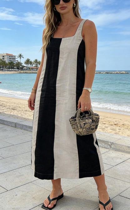 Women Summer Sleeveless Linen Dress Contrast Color Maxi Long Beach Vacation Tank Dress Cotton Linen Casual Dress