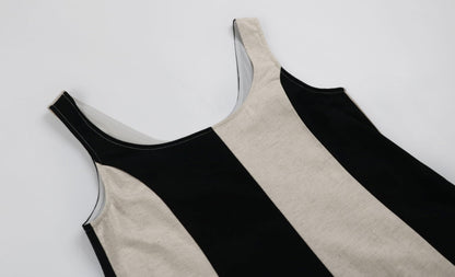 Women Summer Sleeveless Linen Dress Contrast Color Maxi Long Beach Vacation Tank Dress Cotton Linen Casual Dress
