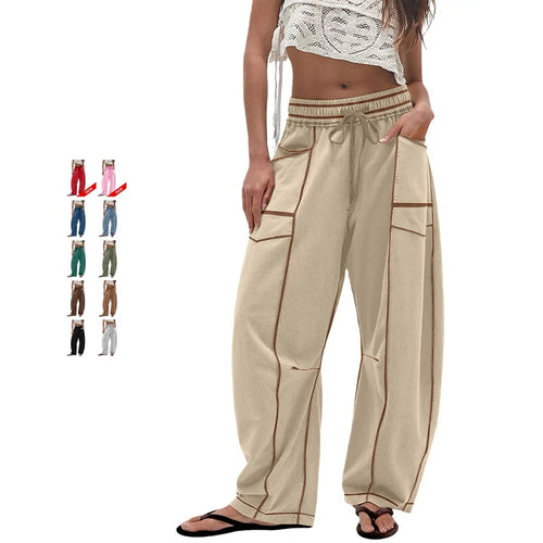 Womens Baggy Barrel Wide Leg Yoga Lounge Pants Drawstring Waist Pockets Athleisure Style Casual Sweatpants Comfortable Loose Fit Bottoms for Women Summer Casual Wear,back to school shopping